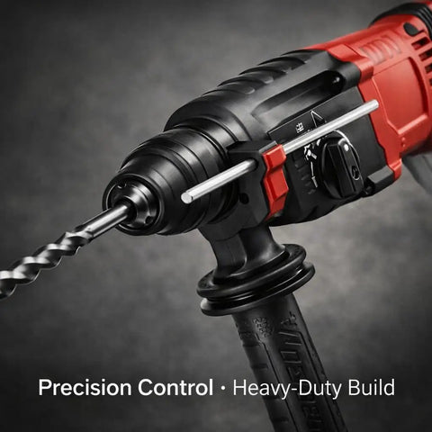 Heavy Duty Corded Rotary Hammer With Multi Speed Settings And Four Mode Switching For Masonry Drilling Core Breaking close-up view of drill features.