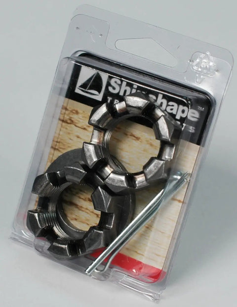 1 Inch Trailer Axle Spindle Nuts And Cotter Pins Kit in plastic packaging, showing nuts and pins for boats and trailers