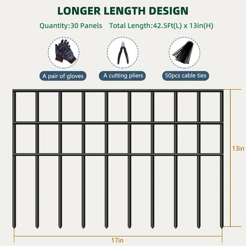 No Dig Garden Fence Kit With 30 Panels And Forty Two And A Half Feet Total Length Keeps Dogs And Rabbits Out Rustproof Anti Digging Barrier Garden Edging Border For Outdoor Yard Patio Perimeter And Ground Defense. Includes gloves, pliers, cable ties.