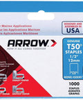 Packaging of Heavy Duty Monel T50 Staples For Marine Use, Saltwater Ready, 1/2 Inch Leg, 3/8 Inch Crown, 1000-Pack, Made In USA