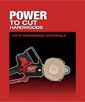 M18 FUEL 8 Inch Pruning Saw Kit With POWERSTATE Brushless Motor cutting a hardwood piece on red background