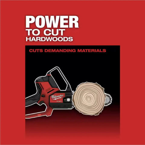 M18 FUEL 8 Inch Pruning Saw Kit With POWERSTATE Brushless Motor cutting a hardwood piece on red background