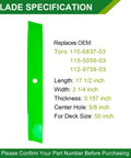 Specifications of a blade from the 50 Inch Mower Deck Rebuild Kit Fits TimeCutter SS5000 And Z Series Z5000 Z5020 Z5030 Z5035 Z5040