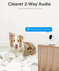 Crater 2K WiFi Pan Tilt Security Cam For Home, 3MP Baby And Pet Monitor with Two Way Talk, captures dog by wooden table indoors.