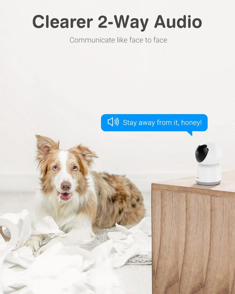 Crater 2K WiFi Pan Tilt Security Cam For Home, 3MP Baby And Pet Monitor with Two Way Talk, captures dog by wooden table indoors.