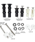 Universal Toilet Seat Bolt Replacement Kit In Stainless Steel Heavy Duty Gear components including screws, nuts, and gaskets.