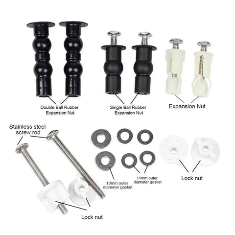 Universal Toilet Seat Bolt Replacement Kit In Stainless Steel Heavy Duty Gear components including screws, nuts, and gaskets.