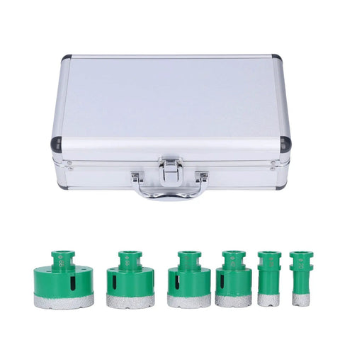 Grab This Pro FTVOGUE Hole Saw Set M14 Drill Bit Kit For Glass And Tile With A Tough Coating For Smooth, Clean Cuts On Marble And Stone Tiles Perfect For Fast Repairs And DIY Home Projects That Need Serious Grit. silver case with six green M14 diamond hole saw bits for glass and tile