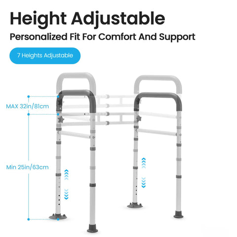 Rock Solid Toilet Safety Rails For Seniors With Dang Good Grip Handles And No Sweat Setup Bathroom Assist Frame showing height adjustable design.