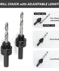 Drill chuck with adjustable length in short and long mode, two gears for precise drilling