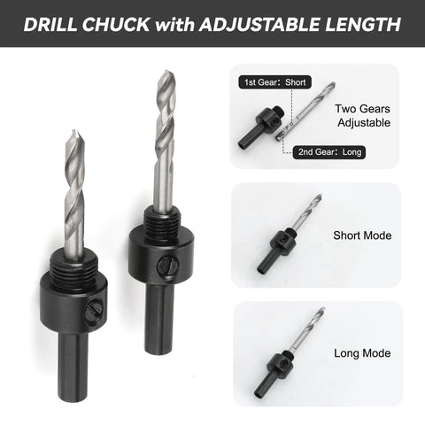Drill chuck with adjustable length in short and long mode, two gears for precise drilling