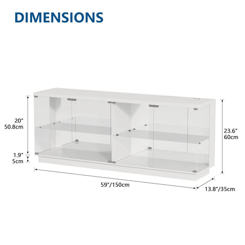 Glass Display Cabinet With Charging Station And RGB Lighting 59 Inch, white modern design with dimensions shown, clear display case.