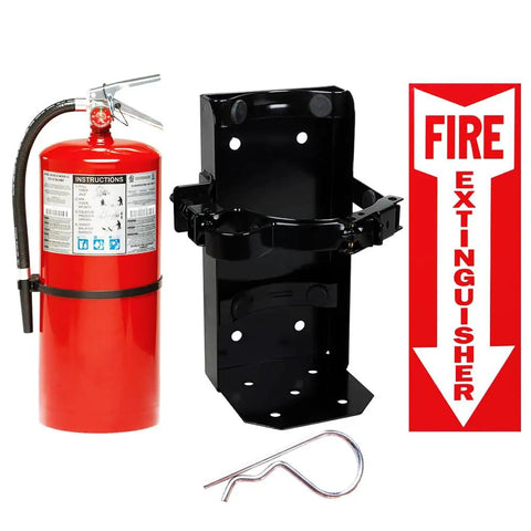 2 Pack 20 Lb Class ABC Fire Extinguisher Kit With Wall Mount Bracket And Status Sign, featuring red extinguisher, black bracket, and safety pin.