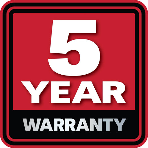5 year warranty badge in bold white lettering on a red and black background for spindle shapers.