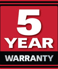 Red and black icon displaying "5 Year Warranty" for Air Filtration System With Auto Sensor And Six Speed Control For Boss Level Air Quality
