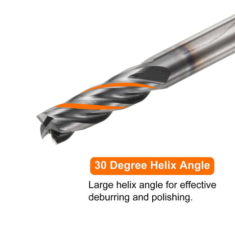 Close-up of HARFINGTON carbide square-nose end mill bit, 11/64 inch diameter, 4-flute TiAlN-coated with 30° helix