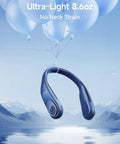 Portable Neck Fan With 5200mAh Battery Bladeless Personal Cooler shown floating with blue balloons.