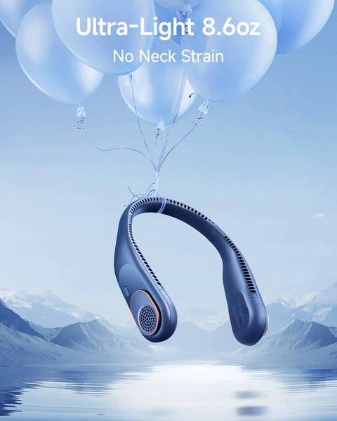 Portable Neck Fan With 5200mAh Battery Bladeless Personal Cooler shown floating with blue balloons.