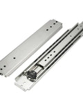 Heavy Duty Drawer Slide Rails Built Tough With Secure Lock Clasp Fully Extending Telescopic Runners shown from top angle, silver finish.