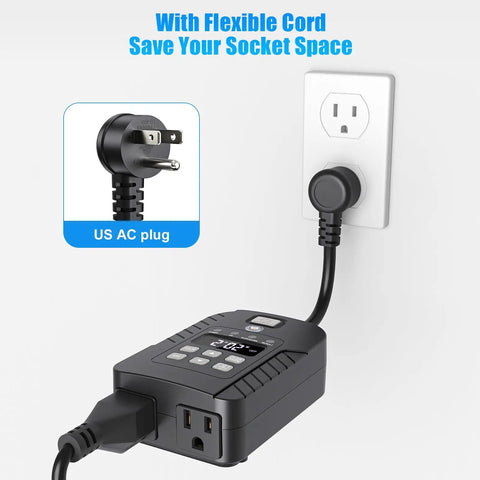 Heavy Duty Outdoor Light Timer Waterproof With Remote 15Amp Dual Grounded Outlet connected to US AC wall socket with flexible cord.