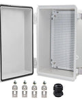 108Piece Outdoor Weatherproof Electrical Junction Box Enclosure IP67 ABS Plastic With Mounting Plate And Wall Brackets For Switches Routers And Other Projects Workhorse Gray 11.8 Inch By 7.87 Inch By 5 Inch, open front view