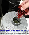 Slick Red Power Steering Reservoir Cap Pair Hella Durable Abs Plug Cover shown over Honda pump tank for fluid protection.