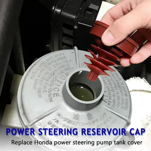 Slick Red Power Steering Reservoir Cap Pair Hella Durable Abs Plug Cover shown over Honda pump tank for fluid protection.