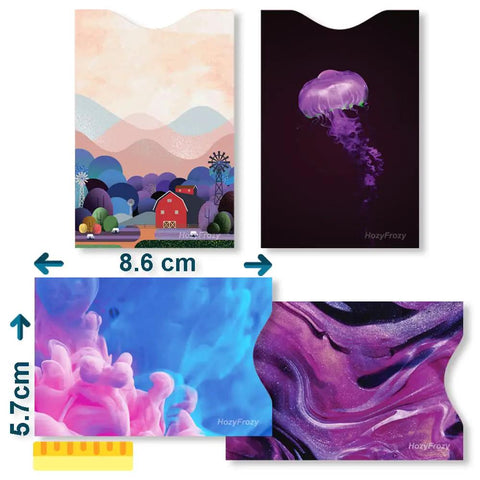 8 RFID Blocking Sleeves With Purple Designs, anti theft card protector shown in colorful and artistic card patterns
