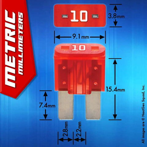 Heavy Duty 17 Piece Auto Fuse Box Kit Featuring Add A Circuit Taps Blade Fuse 10 Amp with dimensions shown on a blue background.