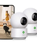 2K Indoor Security Cam for Home, Baby Monitor and Pet Cam, 360-Degree Coverage, 2.4 GHz Wi Fi, One-Touch Call, Smart Motion Tracking, IR Night Vision, Works with Alexa with phone showing camera feed of child and dog. Compact white design.