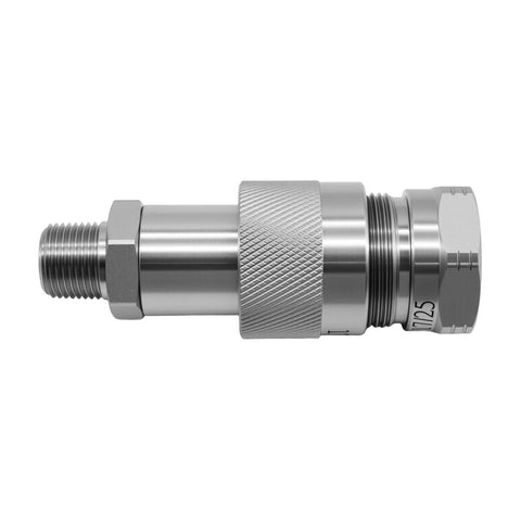 GLOCRORET 3/8-in high-pressure hydraulic quick-coupler side view; chrome-plated steel, knurled grip