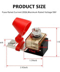 Heavy Duty 200A Battery Terminal Fuse Block Kit Waterproof 58V Fuse Mount showing dimensions and design for cars, trucks, RVs, and boats.
