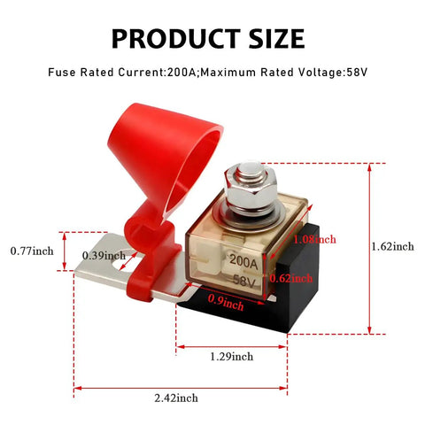 Heavy Duty 200A Battery Terminal Fuse Block Kit Waterproof 58V Fuse Mount showing dimensions and design for cars, trucks, RVs, and boats.