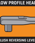 Low profile head of Quarter Inch Drive 84 Tooth Flex Head Teardrop Ratchet 7 Inch with flush reversing lever, orange background