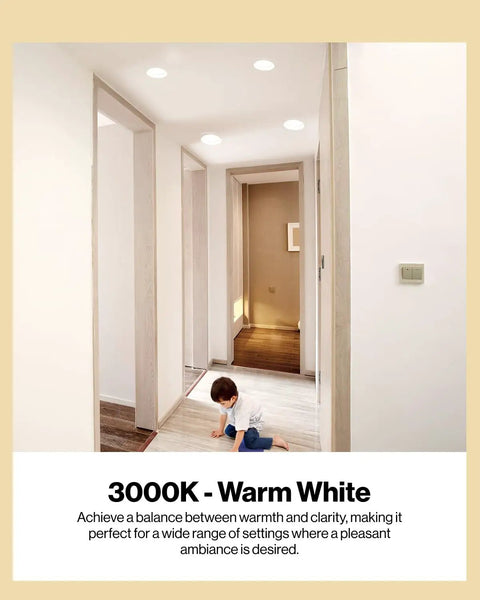 Hallway with recessed lighting, featuring BR30 LED Flood Bulbs 14 Pack, Dimmable, 5000K Daylight, child playing on floor.