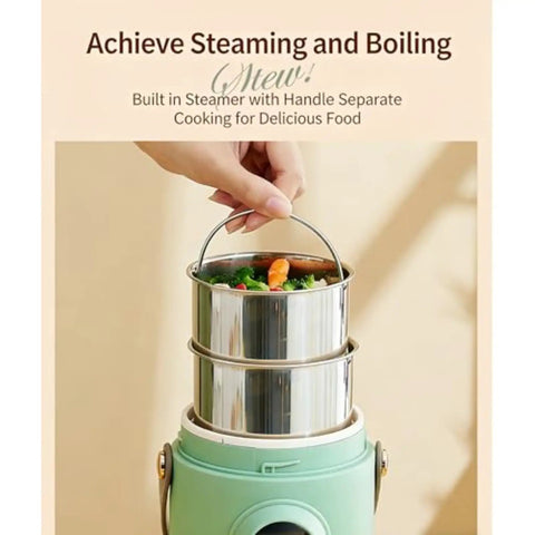 Portable 500W Electric Cooker With Ceramic Glaze Inner, Built-In Steamer, 12-Hour Timer And Keep-Warm, 800ml Capacity, Green.
