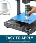 Applying strong bed adhesive glue for 3D printing with no-mess applicator on build plate, focuses on ease of use.