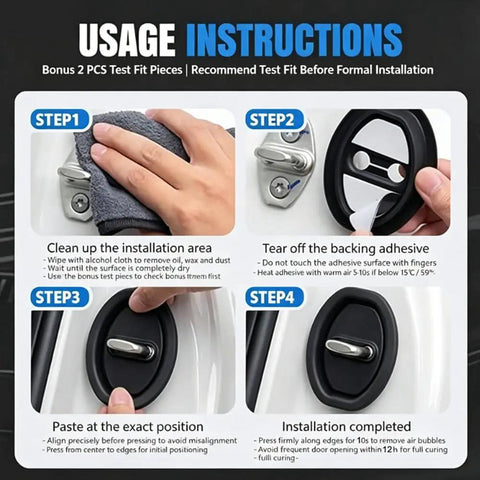 Usage instructions for Tough As Nails Silicone Car Door Lock Cover For Nissan Pathfinder 2022 To 2026, featuring 4 installation steps.