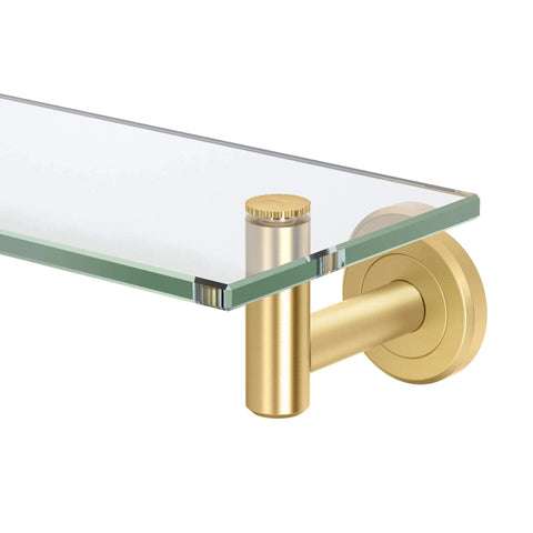 Close-up of Latitude II 20-Inch Glass Bathroom Shelf Wall Mounted In Brushed Brass - Sleek, Sturdy Organizer For Modern Bathrooms