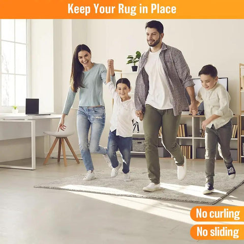 Family playing on rug secured with 8 Pack Non Slip Rug Tape For Area Rugs Reusable Double Sided Adhesive Stickers That Keep Rug Corners Flat