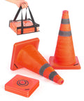 Two Pack 18 Inch Collapsible Traffic Safety Cones With Reflective Collar For Driving Practice And Road Parking Bright Orange Popup Cones Multipurpose Durable Oxford Fabric And PVC 360 Degree Visibility, shown folded in a carry case and expanded cone