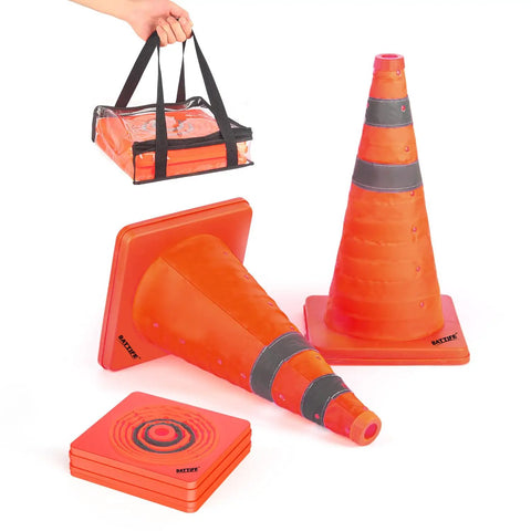Two Pack 18 Inch Collapsible Traffic Safety Cones With Reflective Collar For Driving Practice And Road Parking Bright Orange Popup Cones Multipurpose Durable Oxford Fabric And PVC 360 Degree Visibility, shown folded in a carry case and expanded cone