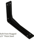 Built Tough 18 Inch Heavy Duty Shelf Brackets 8 Pack, No Jokes Premium Steel Wall Mounts angled view of black steel bracket