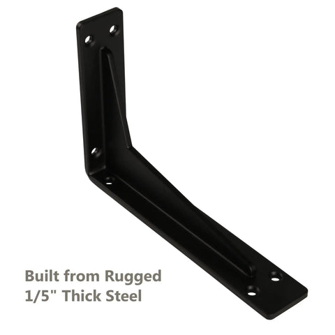 Built Tough 18 Inch Heavy Duty Shelf Brackets 8 Pack, No Jokes Premium Steel Wall Mounts angled view of black steel bracket