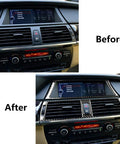 Before and after of Dope Carbon Fiber Console Trim Kit With GPS Navigation And Air Vent Frame Cover for BMW X5 E70 2008 2013