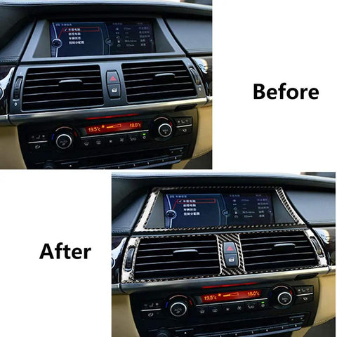 Before and after of Dope Carbon Fiber Console Trim Kit With GPS Navigation And Air Vent Frame Cover for BMW X5 E70 2008 2013