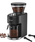 Game Changing Stainless Steel Conical Burr Coffee Grinder With Thirty Five Quick Grind Settings And One Touch Switch hands over fresh ground beans.