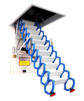 No Sweat Fully Automatic Electric Telescopic Attic Ladder Heavy Hitter Titanium Magnesium Alloy Folding Loft Access Solid 1102 Pound Capacity Smooth Storage Upgrade For Cozy Spaces Quiet Broad Tread Design with blue handles and remote control.