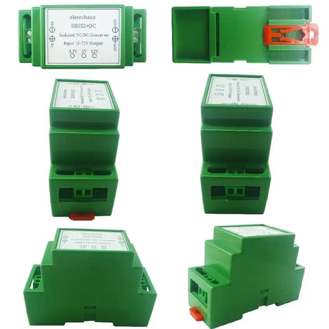 DIN Rail Isolated Plug-and-Play DC-DC Converter Module 18-75V Input To 12V, 5V Or 3.3V Output, various angles, green casing