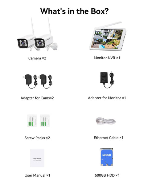 Wireless Security Camera System With 10 Inch LCD Monitor, 2 Outdoor 3MP Bullet Cameras, Metal Shell, 500GB HDD components